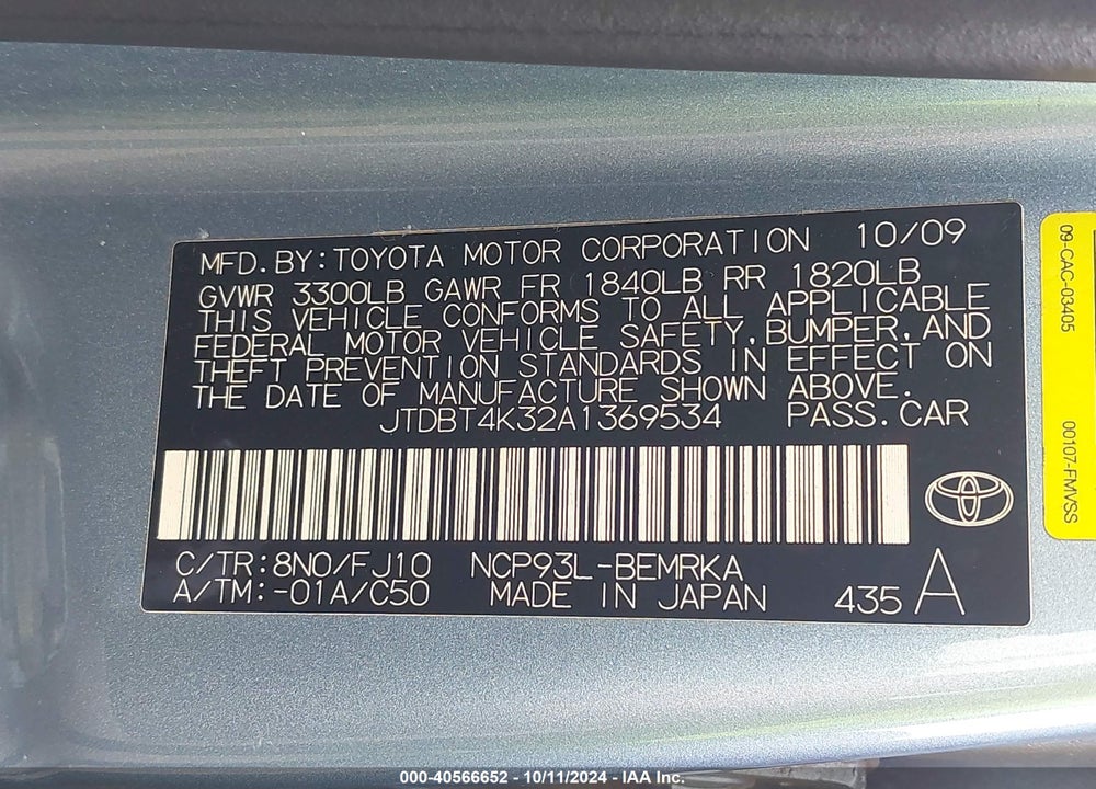 2010 TOYOTA YARIS VIN: JTDBT4K32A1369534
