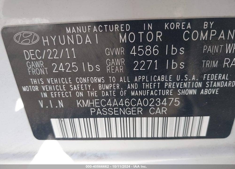 2012 HYUNDAI SONATA HYBRID VIN: KMHEC4A46CA023475