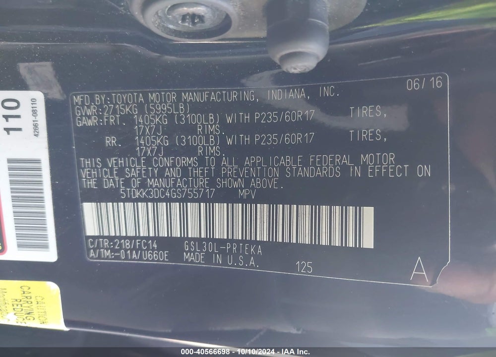 2016 TOYOTA SIENNA LE 8 PASSENGER VIN: 5TDKK3DC4GS755717