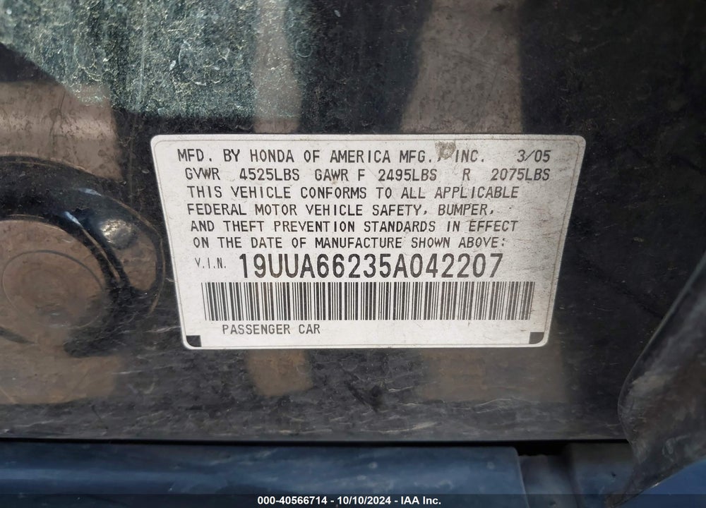 2005 ACURA TL VIN: 19UUA66235A042207