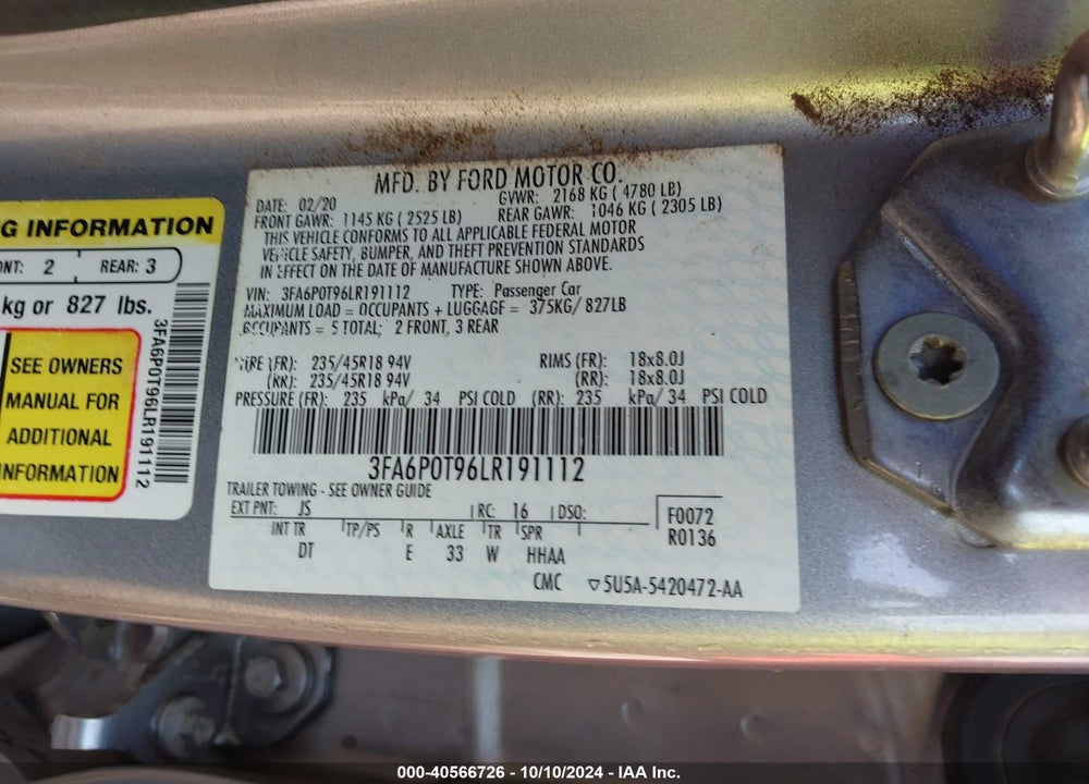 2020 FORD FUSION SE VIN: 3FA6P0T96LR191112