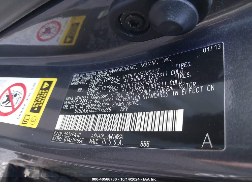 2013 TOYOTA HIGHLANDER BASE PLUS VIN: 5TDZA3EH6DS035889