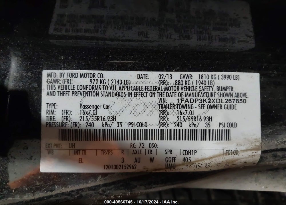 2013 FORD FOCUS SE VIN: 1FADP3K2XDL267850