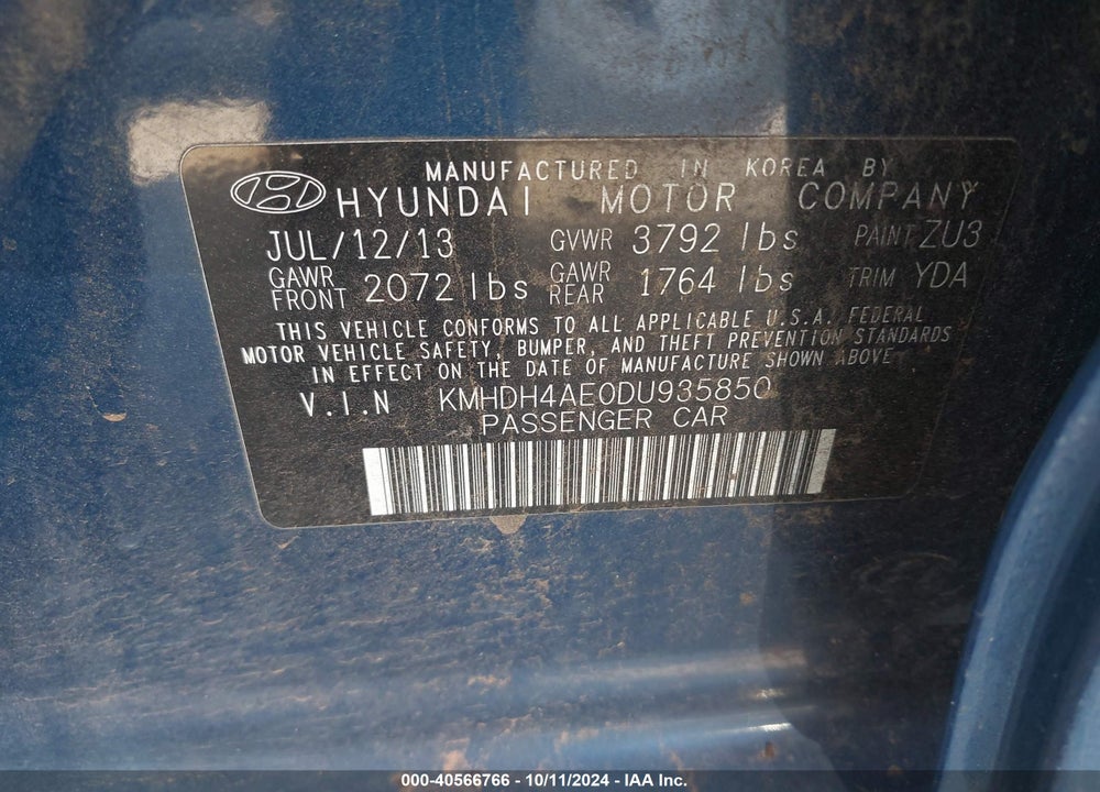 2013 HYUNDAI ELANTRA GLS VIN: KMHDH4AE0DU935850