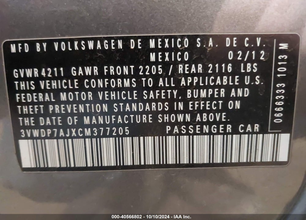 2012 VOLKSWAGEN JETTA 2.5L SE VIN: 3VWDP7AJXCM377205