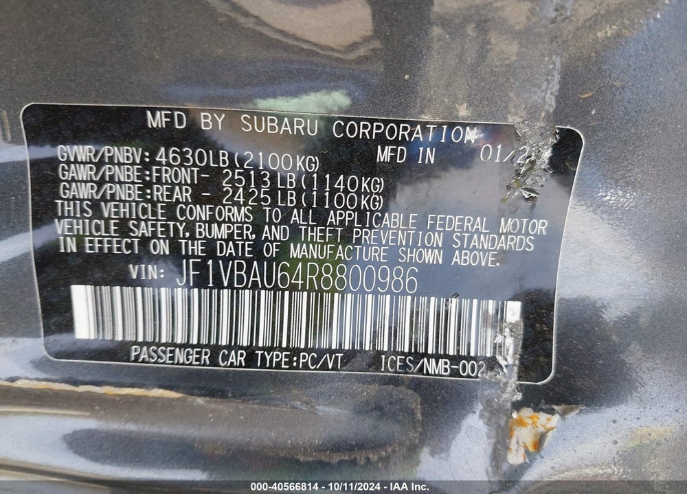 2024 SUBARU WRX VIN: JF1VBAU64R8800986