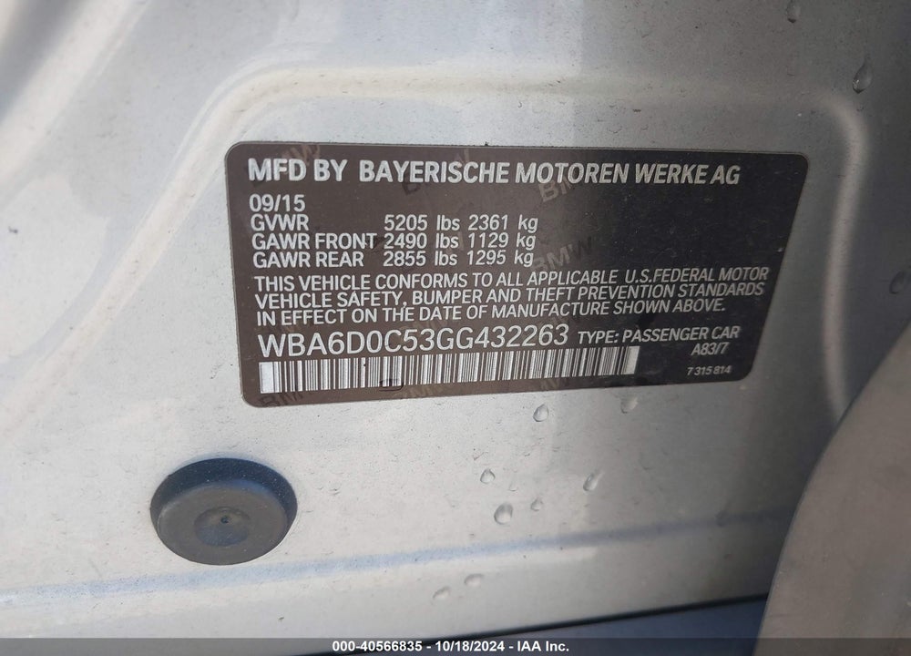 2016 BMW 640I GRAN COUPE VIN: WBA6D0C53GG432263