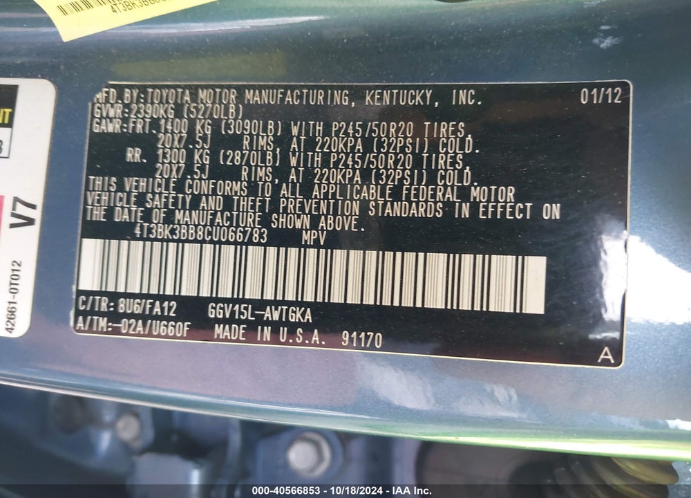 2012 TOYOTA VENZA LE V6 VIN: 4T3BK3BB8CU066783