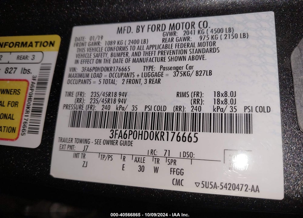 2019 FORD FUSION SE VIN: 3FA6P0HD0KR176665