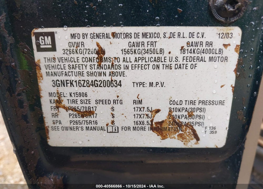 2004 CHEVROLET SUBURBAN 1500 Z71 VIN: 3GNFK16Z84G200634