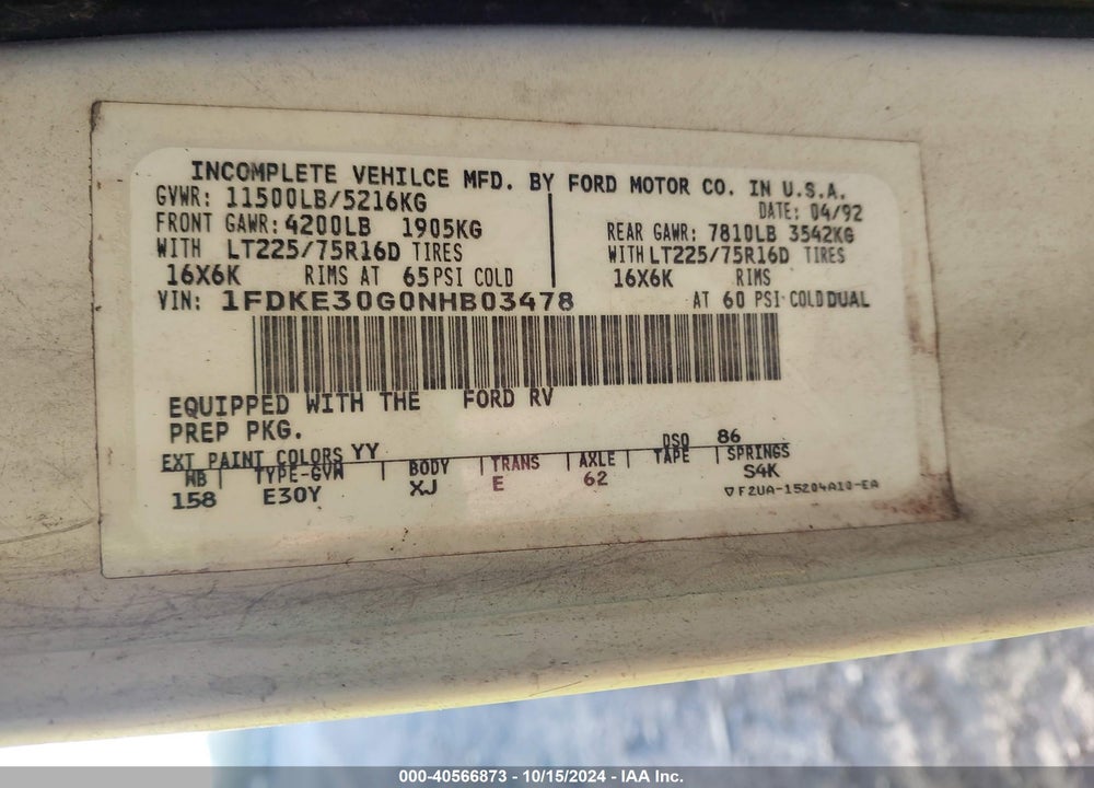 1992 FORD ECONOLINE E350 CUTAWAY VAN VIN: 1FDKE30G0NHB03478