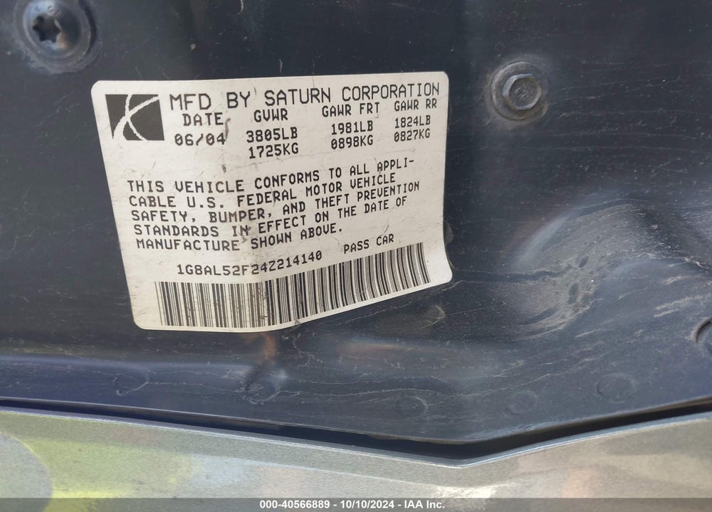 2004 SATURN ION 3 VIN: 1G8AL52F24Z214140