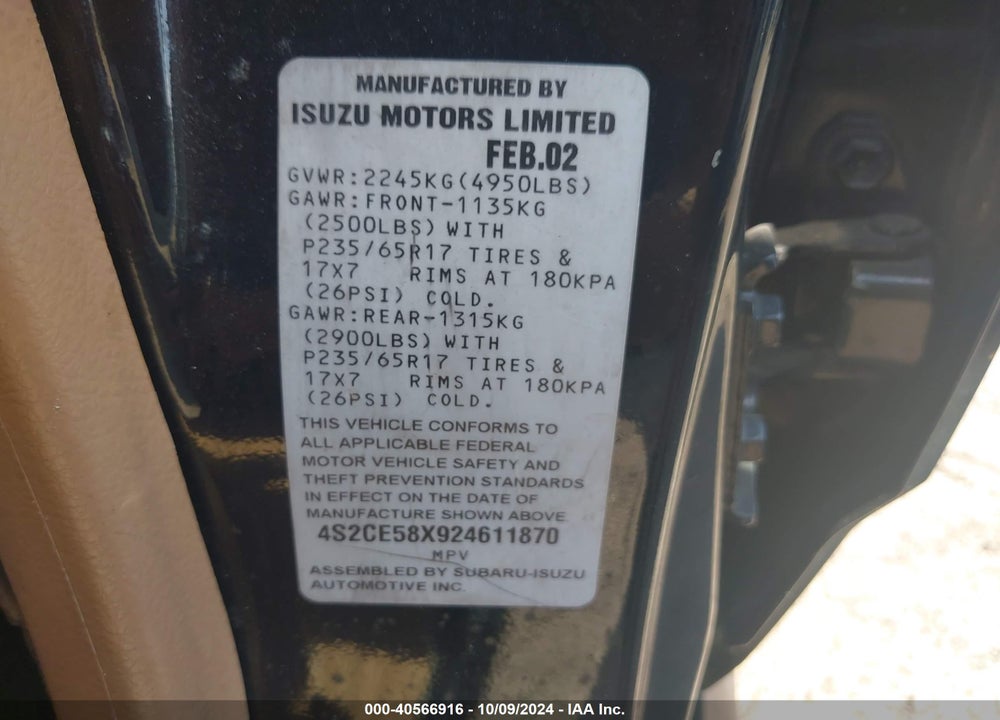 2002 ISUZU AXIOM XS VIN: 4S2CE58X924611870