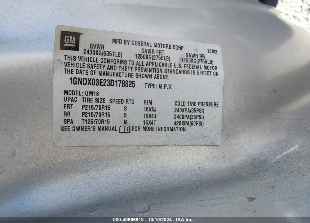 2003 CHEVROLET VENTURE LS VIN: 1GNDX03E23D178825