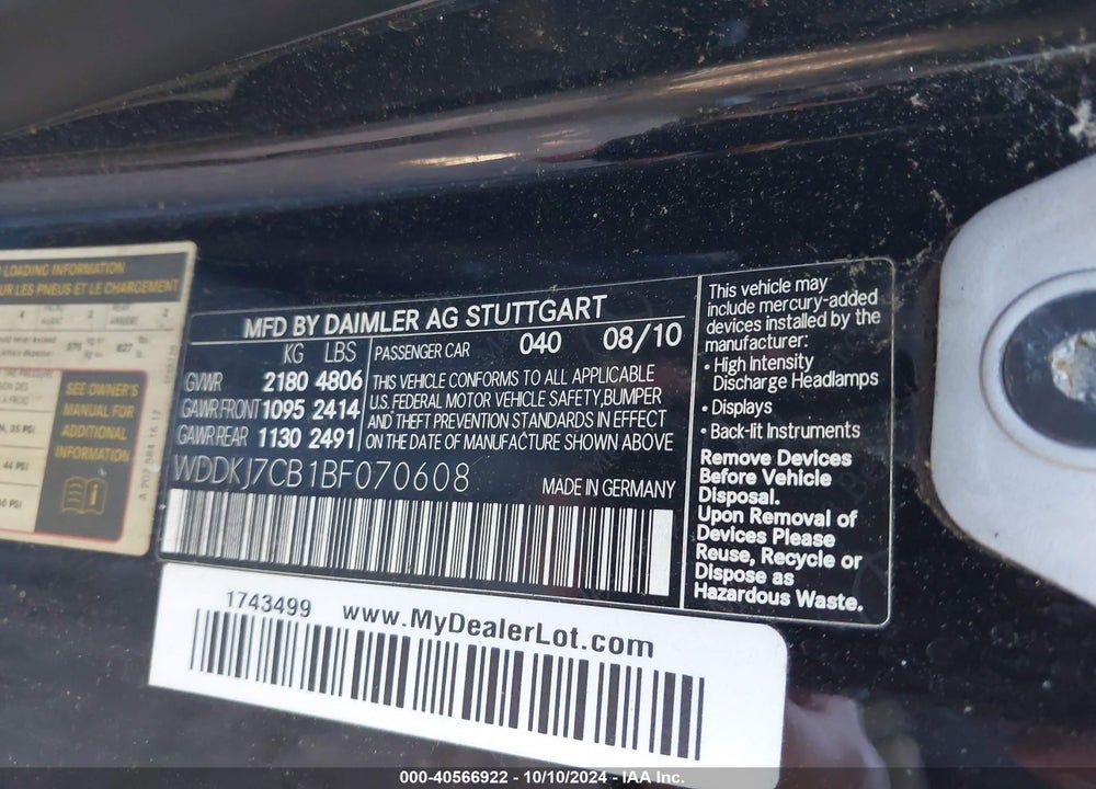 2011 MERCEDES-BENZ E 550 VIN: WDDKJ7CB1BF070608