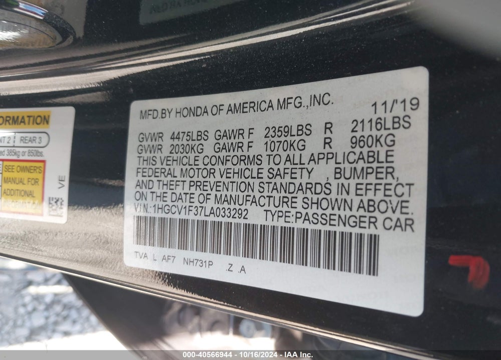 2020 HONDA ACCORD SPORT VIN: 1HGCV1F37LA033292
