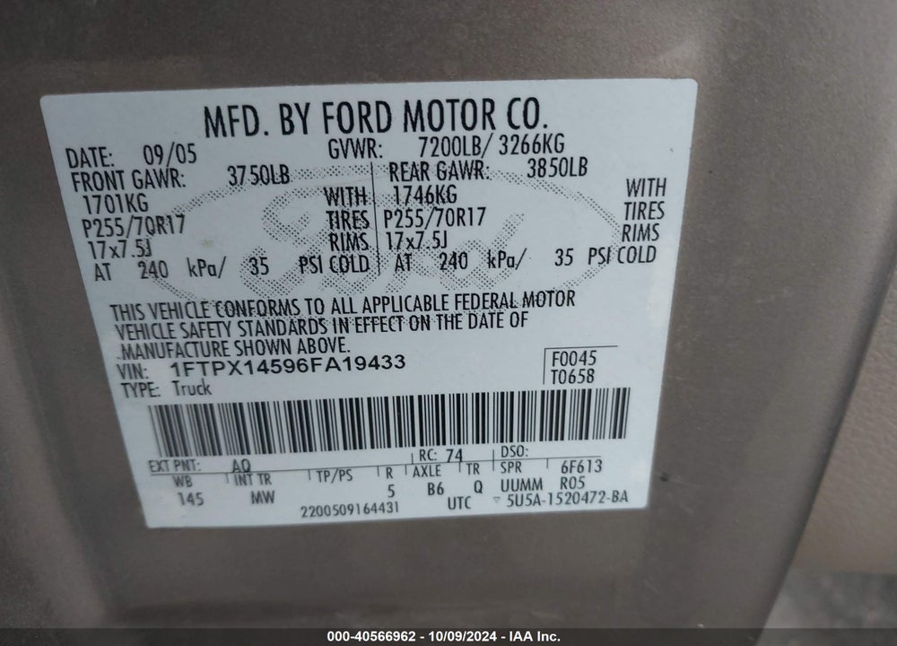 2006 FORD F-150 FX4/LARIAT/XL/XLT VIN: 1FTPX14596FA19433
