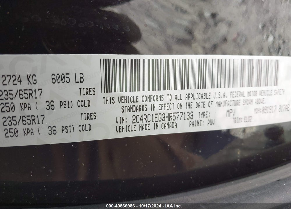 2017 CHRYSLER PACIFICA TOURING L PLUS VIN: 2C4RC1EG3HR577133