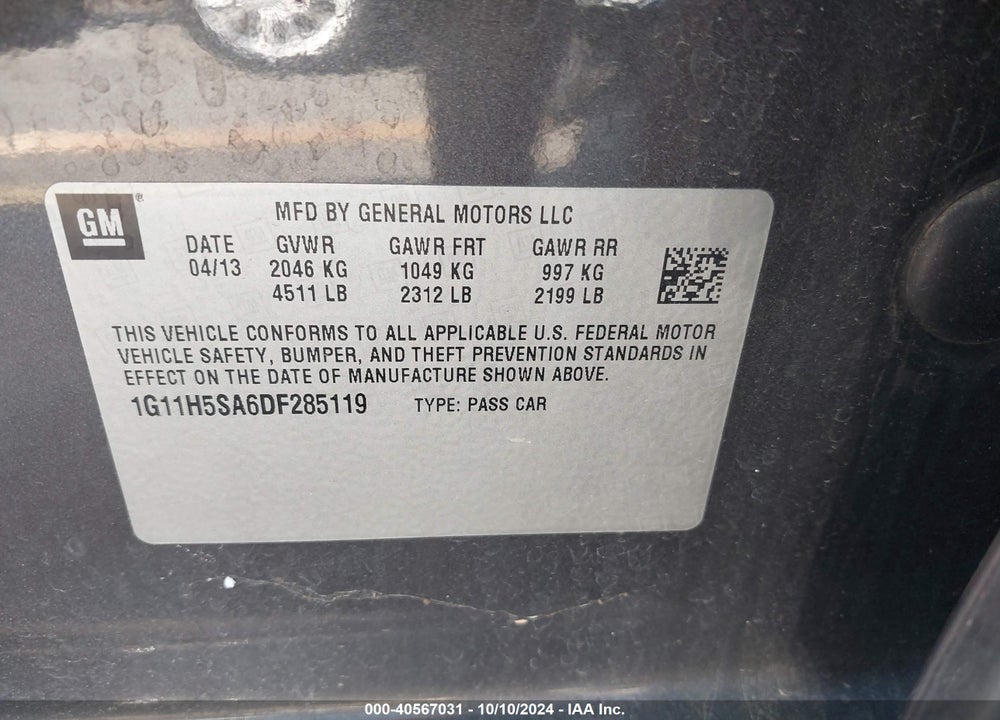 2013 CHEVROLET MALIBU 1LZ VIN: 1G11H5SA6DF285119
