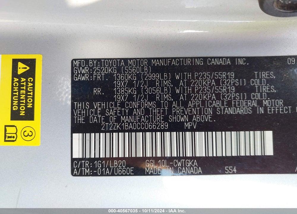 2012 LEXUS RX 350 VIN: 2T2ZK1BA0CC066289