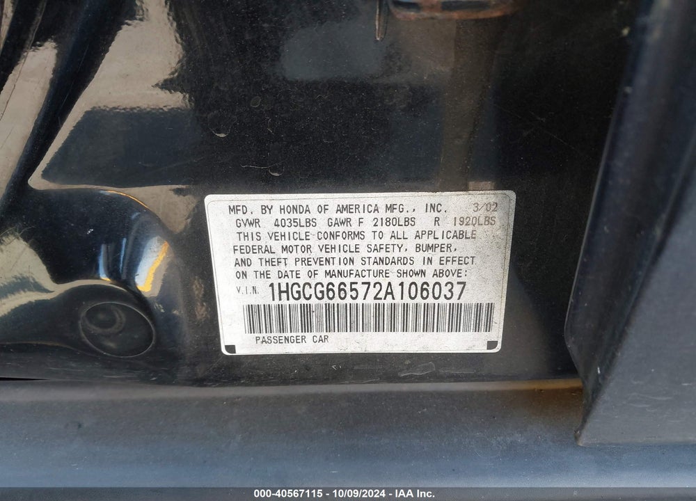 2002 HONDA ACCORD 2.3 LX VIN: 1HGCG66572A106037