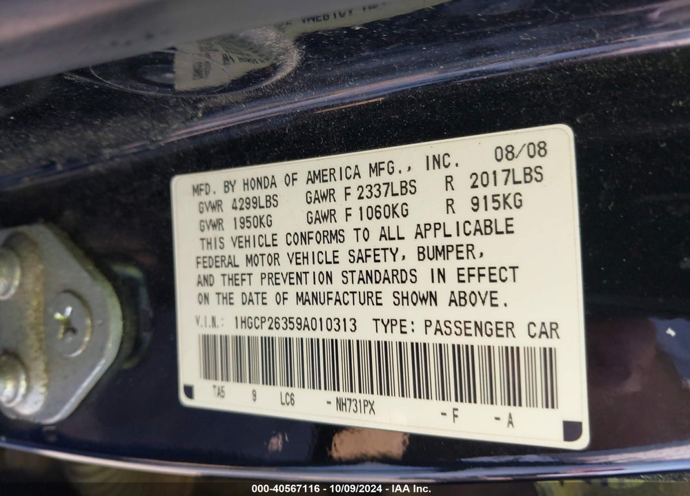 2009 HONDA ACCORD 2.4 LX VIN: 1HGCP26359A010313