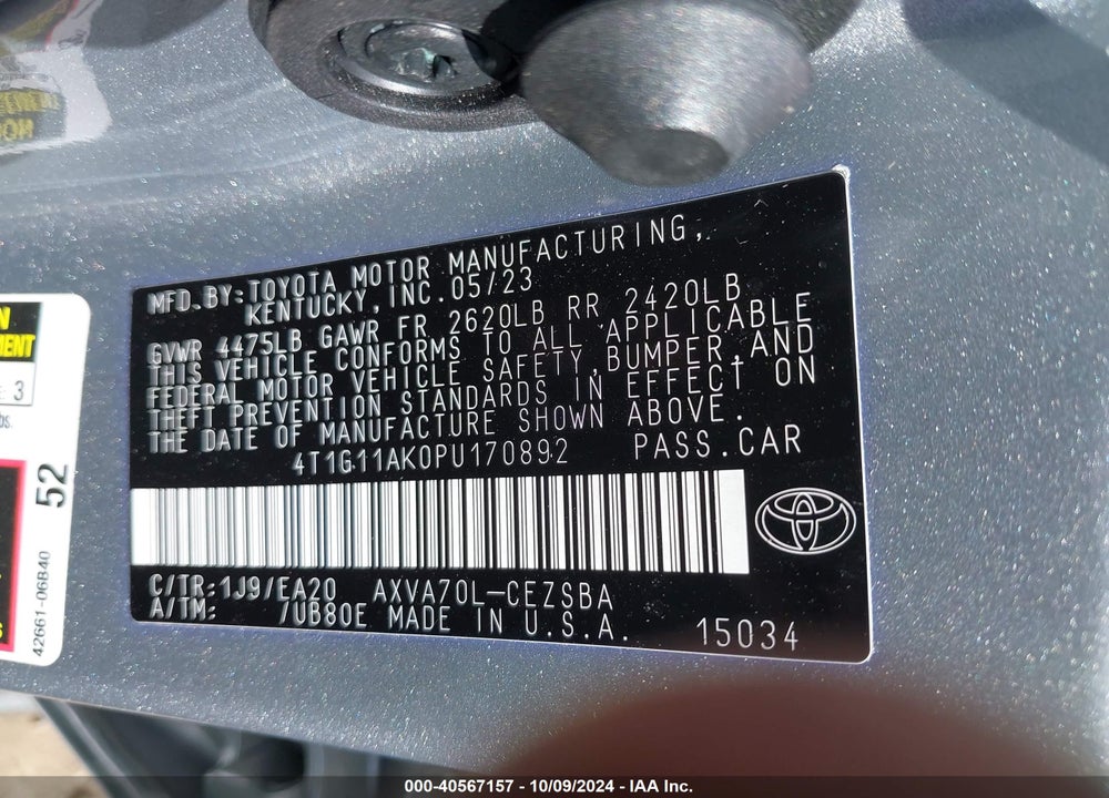 2023 TOYOTA CAMRY SE VIN: 4T1G11AK0PU170892