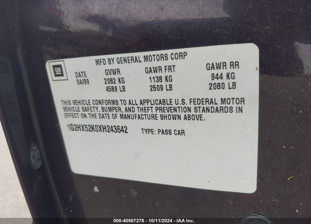 1999 PONTIAC BONNEVILLE SE VIN: 1G2HX52K0XH243642