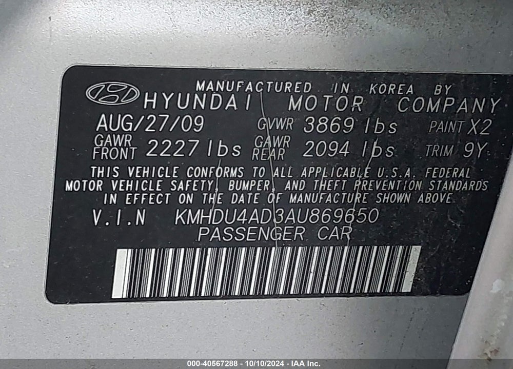 2010 HYUNDAI ELANTRA GLS VIN: KMHDU4AD3AU869650