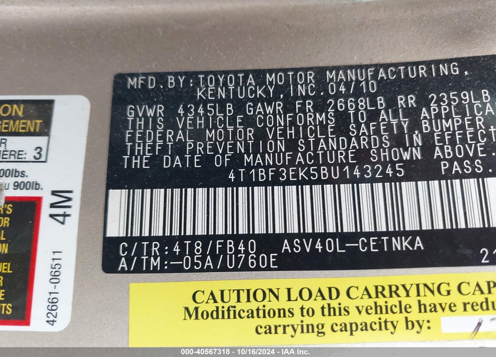 2011 TOYOTA CAMRY LE VIN: 4T1BF3EK5BU143245