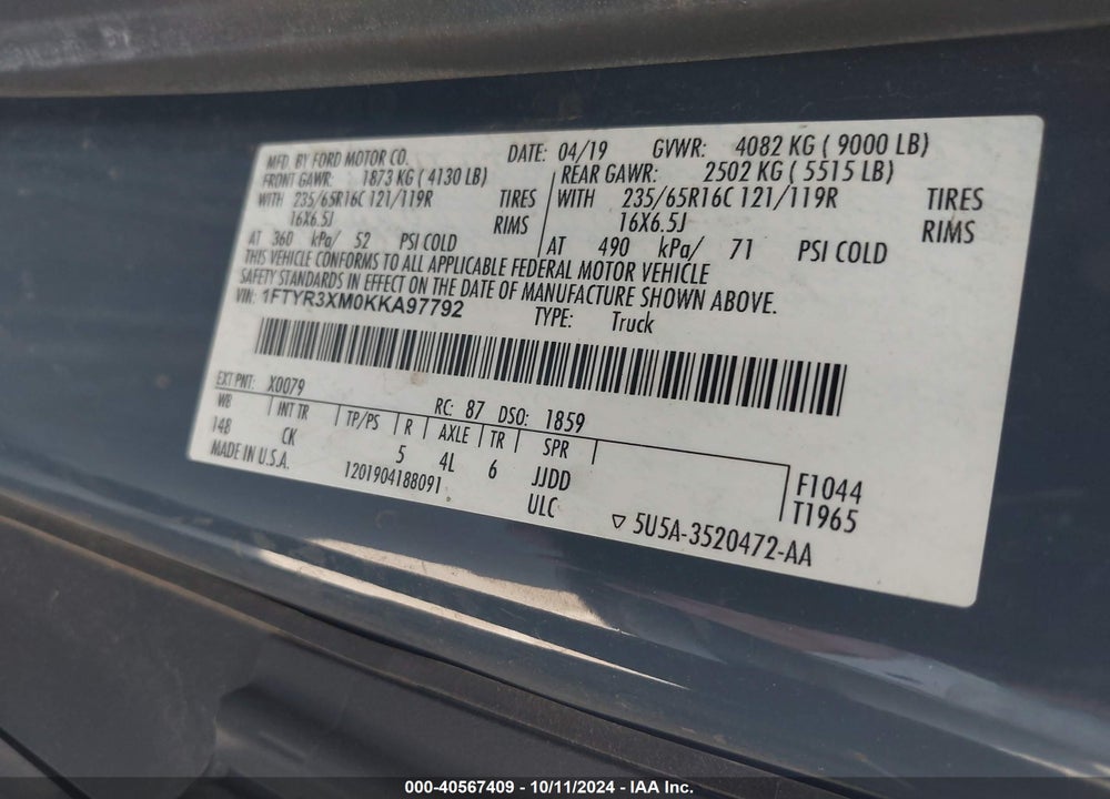 2019 FORD TRANSIT-250 VIN: 1FTYR3XM0KKA97792