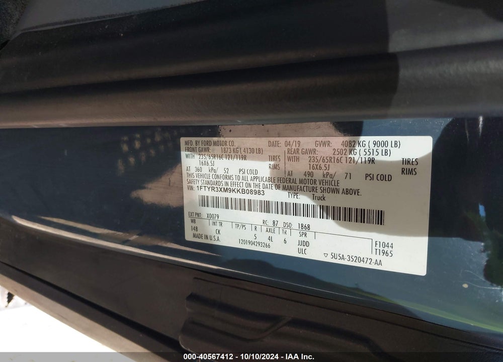 2019 FORD TRANSIT-250 VIN: 1FTYR3XM9KKB08983