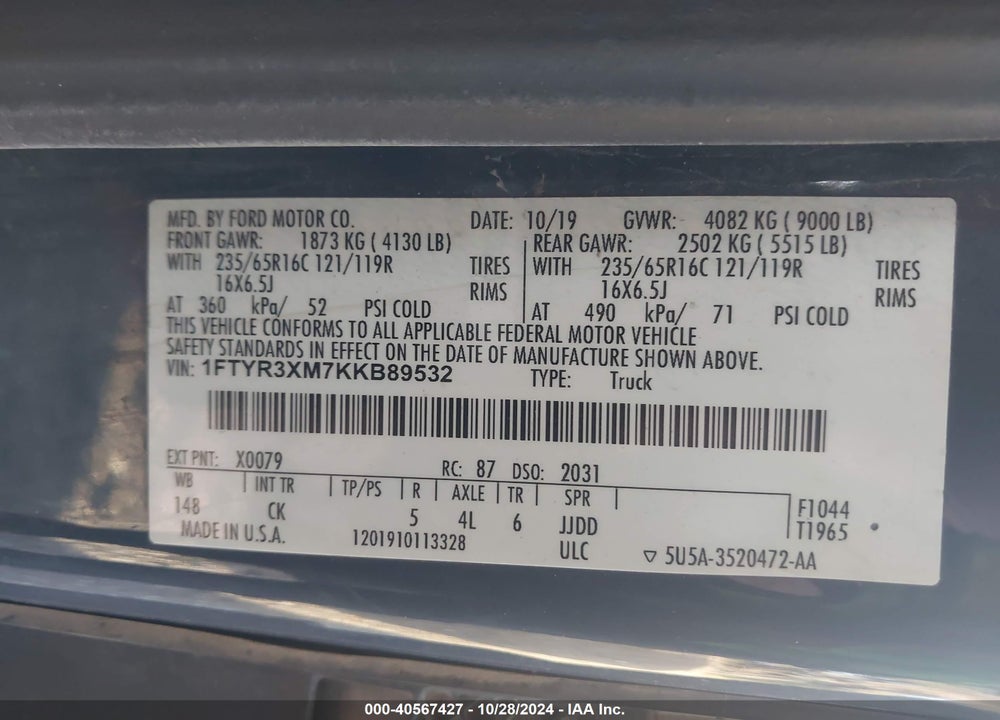 2019 FORD TRANSIT-250 VIN: 1FTYR3XM7KKB89532