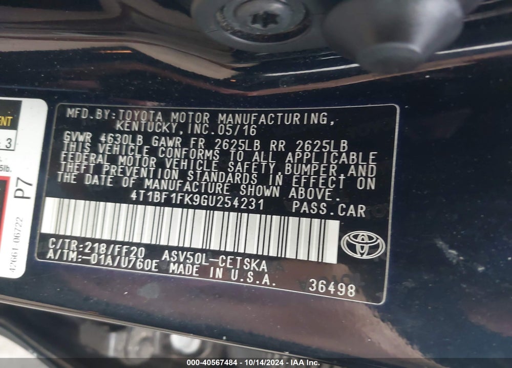 2016 TOYOTA CAMRY SE VIN: 4T1BF1FK9GU254231