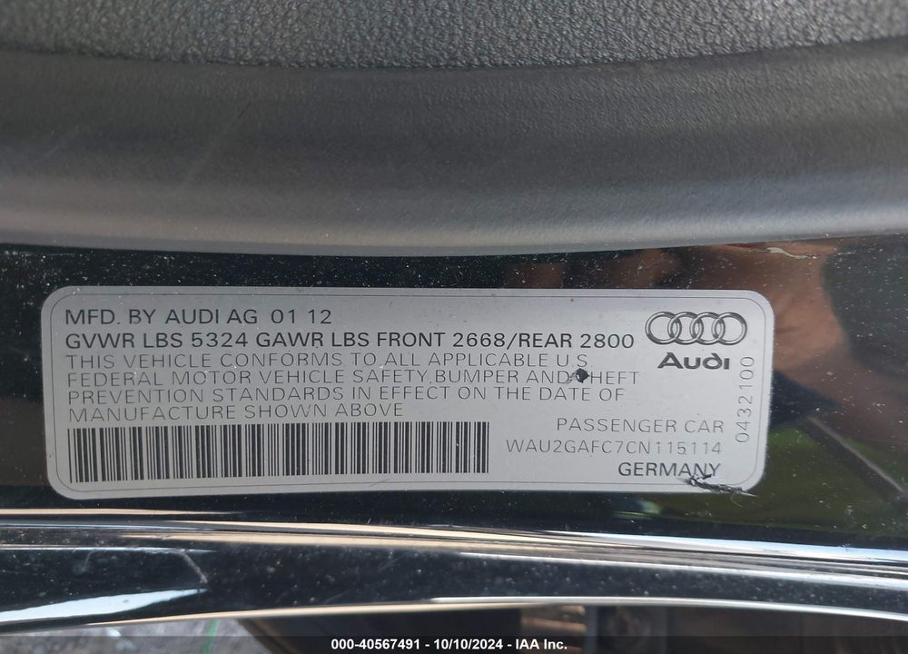 2012 AUDI A7 PREMIUM VIN: WAU2GAFC7CN115114