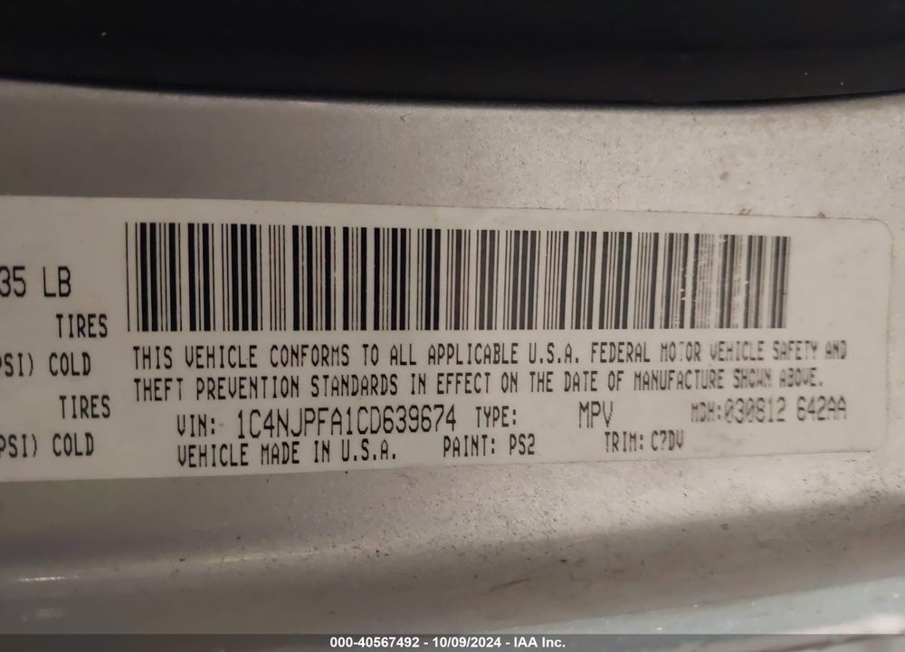 2012 JEEP PATRIOT LATITUDE VIN: 1C4NJPFA1CD639674