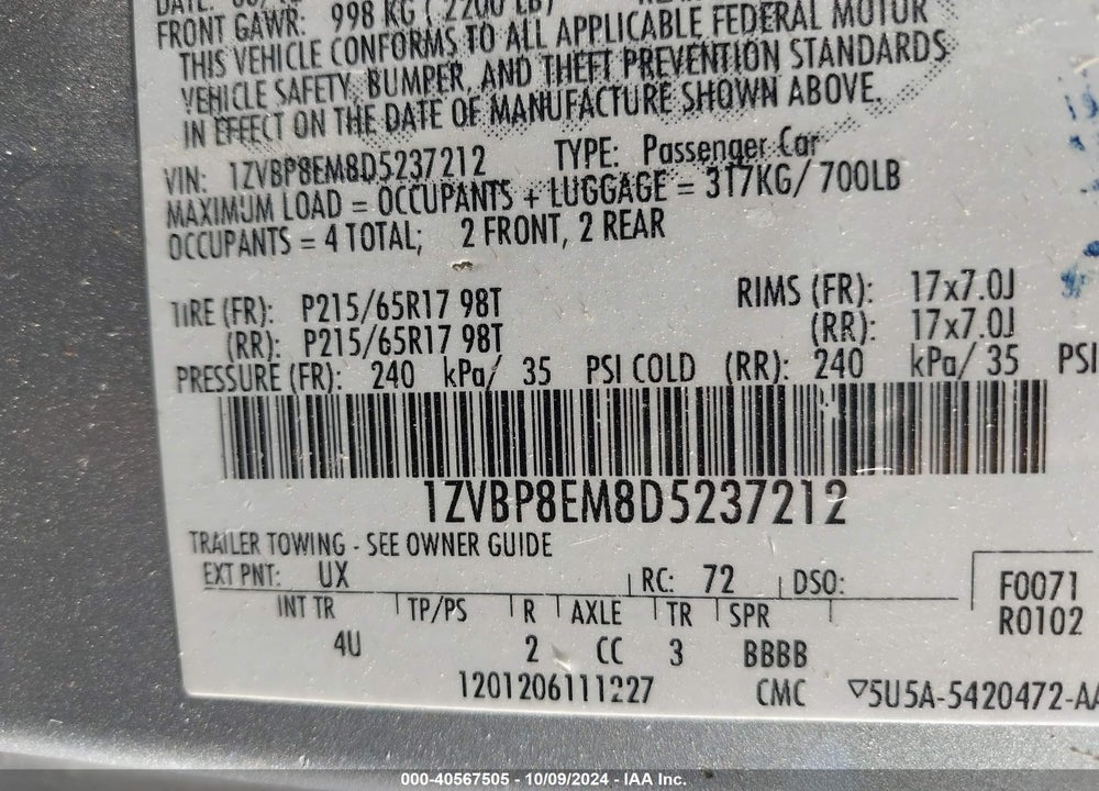 2013 FORD MUSTANG V6 PREMIUM VIN: 1ZVBP8EM8D5237212