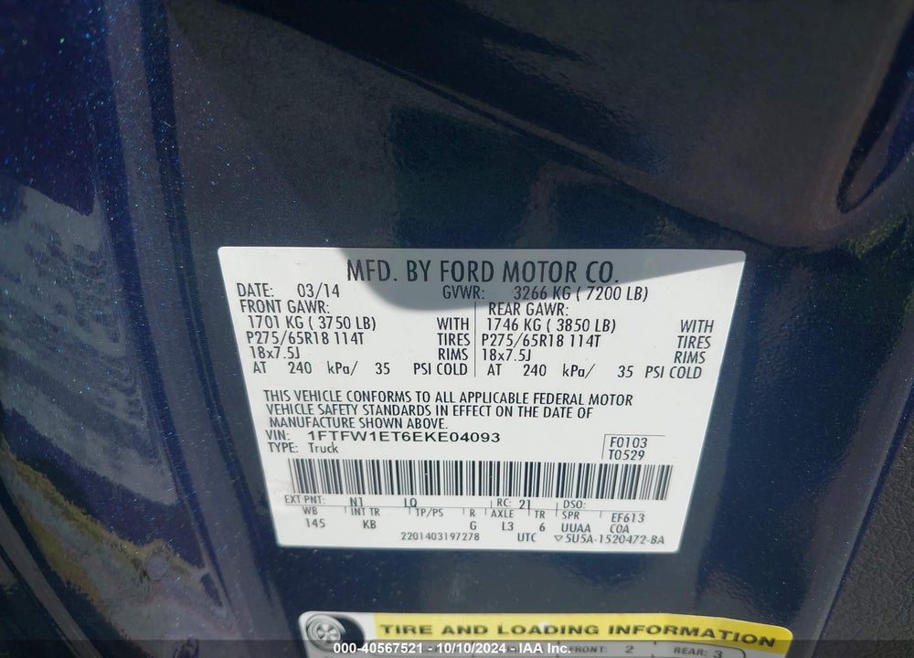 2014 FORD F-150 KING RANCH VIN: 1FTFW1ET6EKE04093