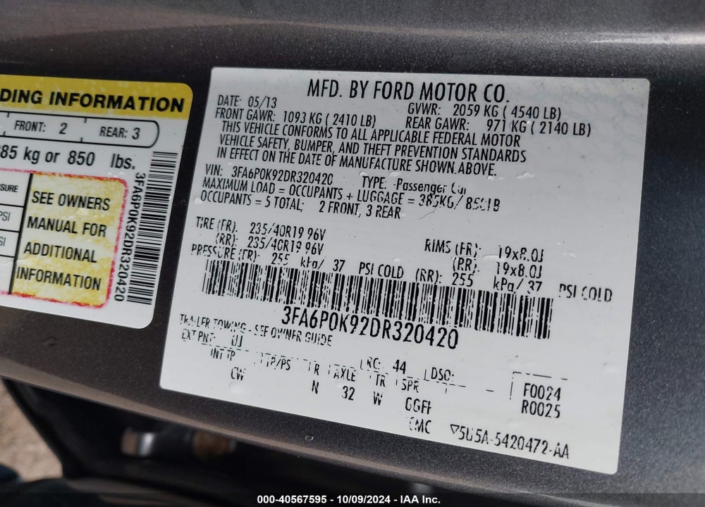2013 FORD FUSION TITANIUM VIN: 3FA6P0K92DR320420