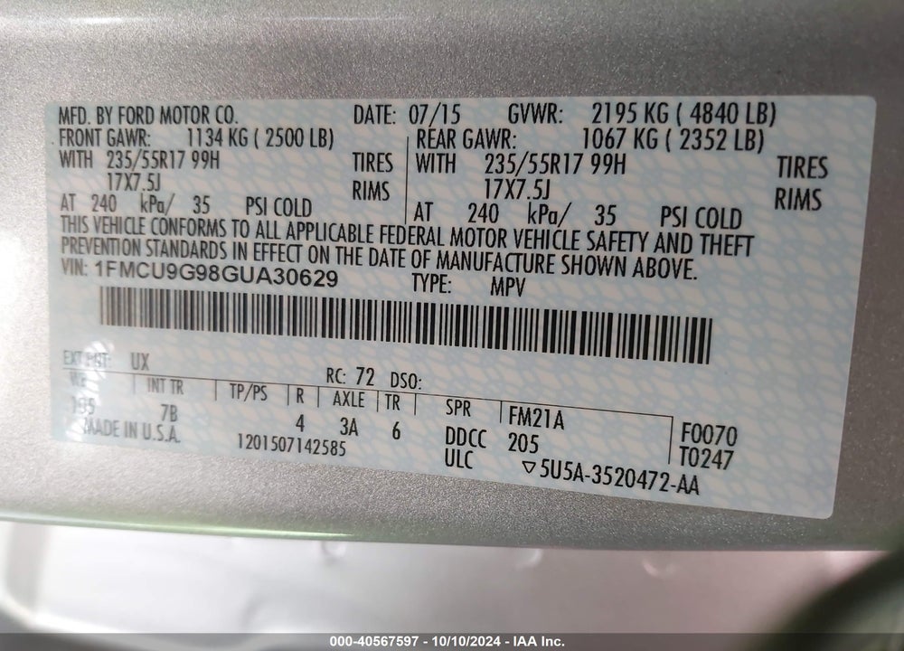 2016 FORD ESCAPE SE VIN: 1FMCU9G98GUA30629