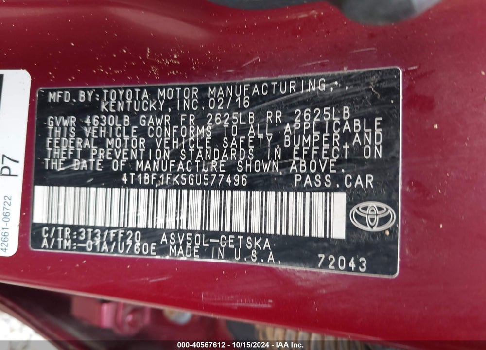 2016 TOYOTA CAMRY SE VIN: 4T1BF1FK5GU577496