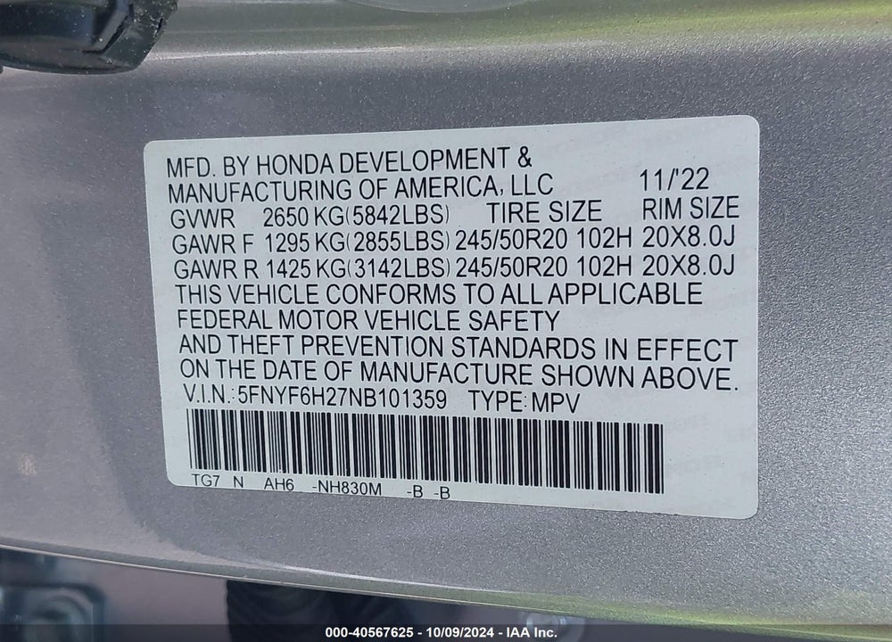 2022 HONDA PILOT AWD SPECIAL EDITION VIN: 5FNYF6H27NB101359