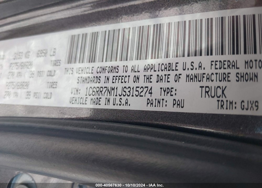 2018 RAM 1500 LAIE  4X4 5'7 BOX VIN: 1C6RR7NM1JS315274