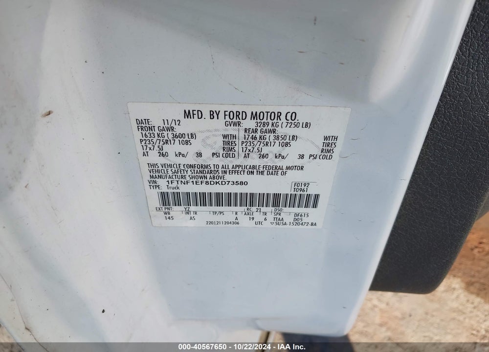 2013 FORD F-150 VIN: 1FTNF1EF8DKD73580