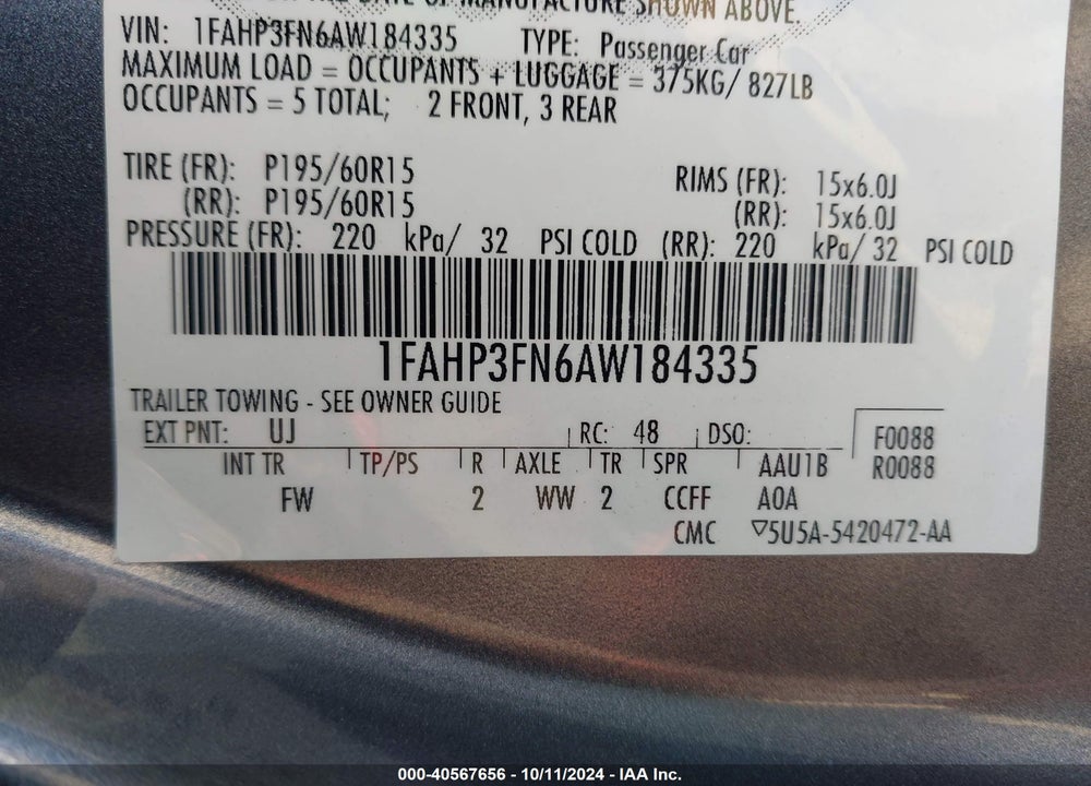 2010 FORD FOCUS SE VIN: 1FAHP3FN6AW184335