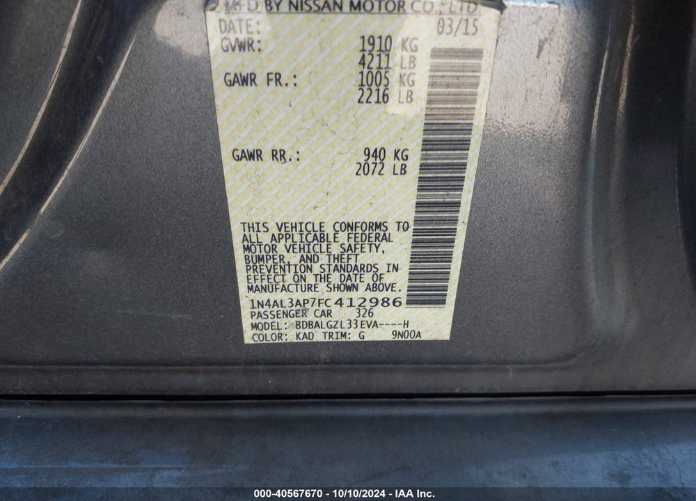 2015 NISSAN ALTIMA 2.5 S VIN: 1N4AL3AP7FC412986
