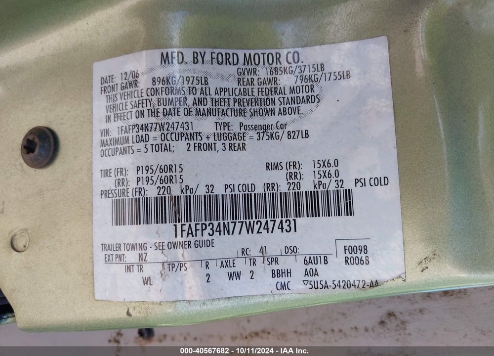 2007 FORD FOCUS S/SE/SES VIN: 1FAFP34N77W247431