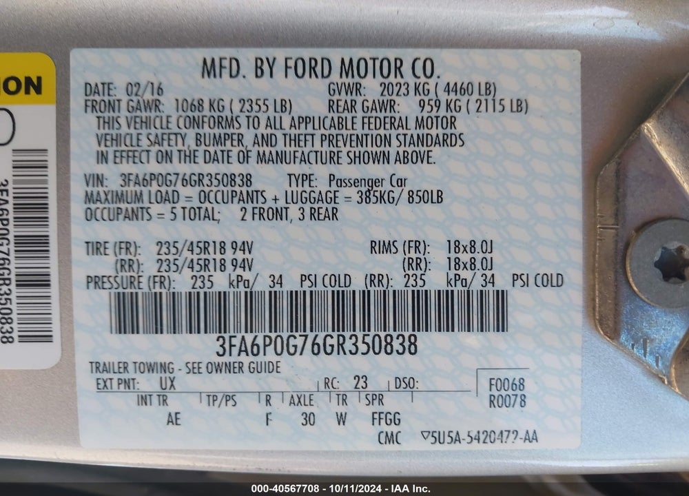 2016 FORD FUSION S VIN: 3FA6P0G76GR350838