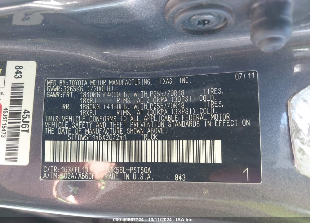 2011 TOYOTA TUNDRA GRADE 5.7L V8 VIN: 5TFDW5F14BX207241