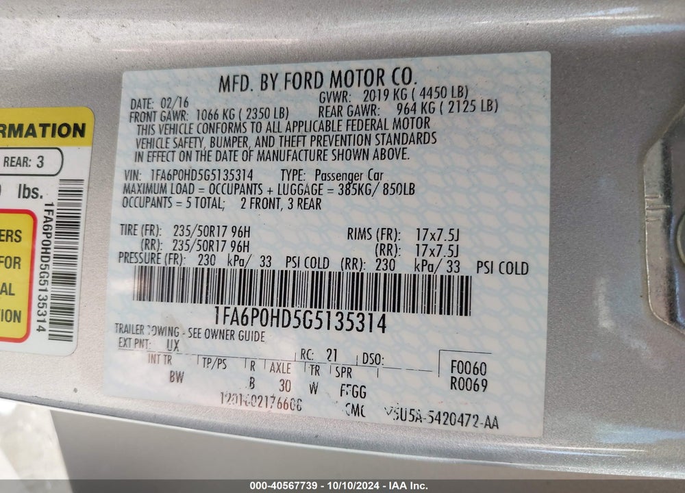 2016 FORD FUSION SE VIN: 1FA6P0HD5G5135314